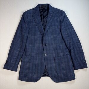 Massimo Dutti Blazer Mens 38 Navy Plaid Limited Edition Wool Linen Silk Cashmere